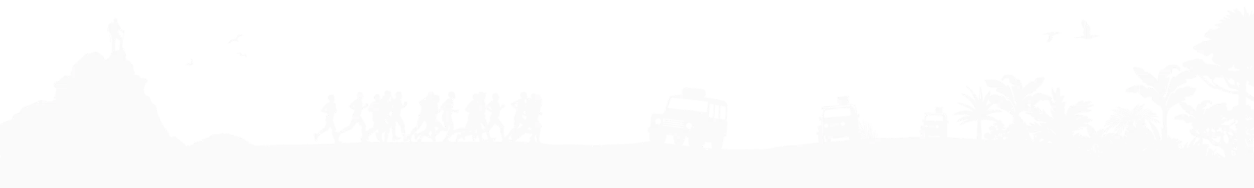 Silhouette of a tropical beach with people, boats, palm trees, and birds against the sky.
