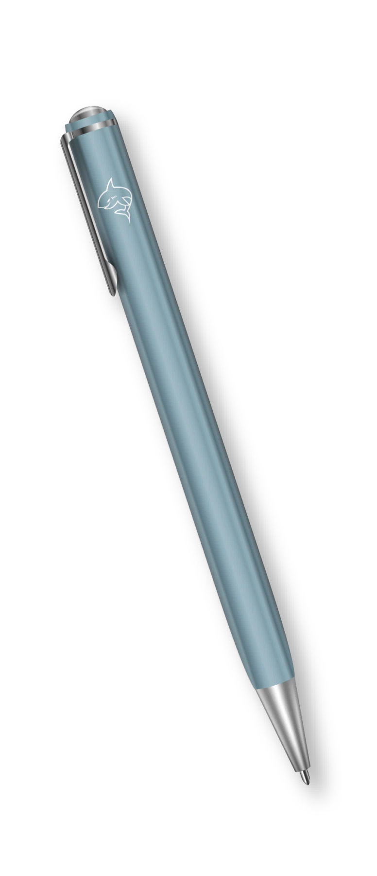 A light blue ballpoint pen with a silver tip and clip, featuring a white shark logo on the clip. The pen is positioned vertically against a black background.