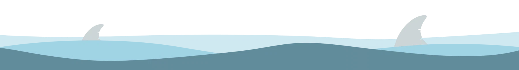 Illustration of three shark fins emerging from ocean waves.